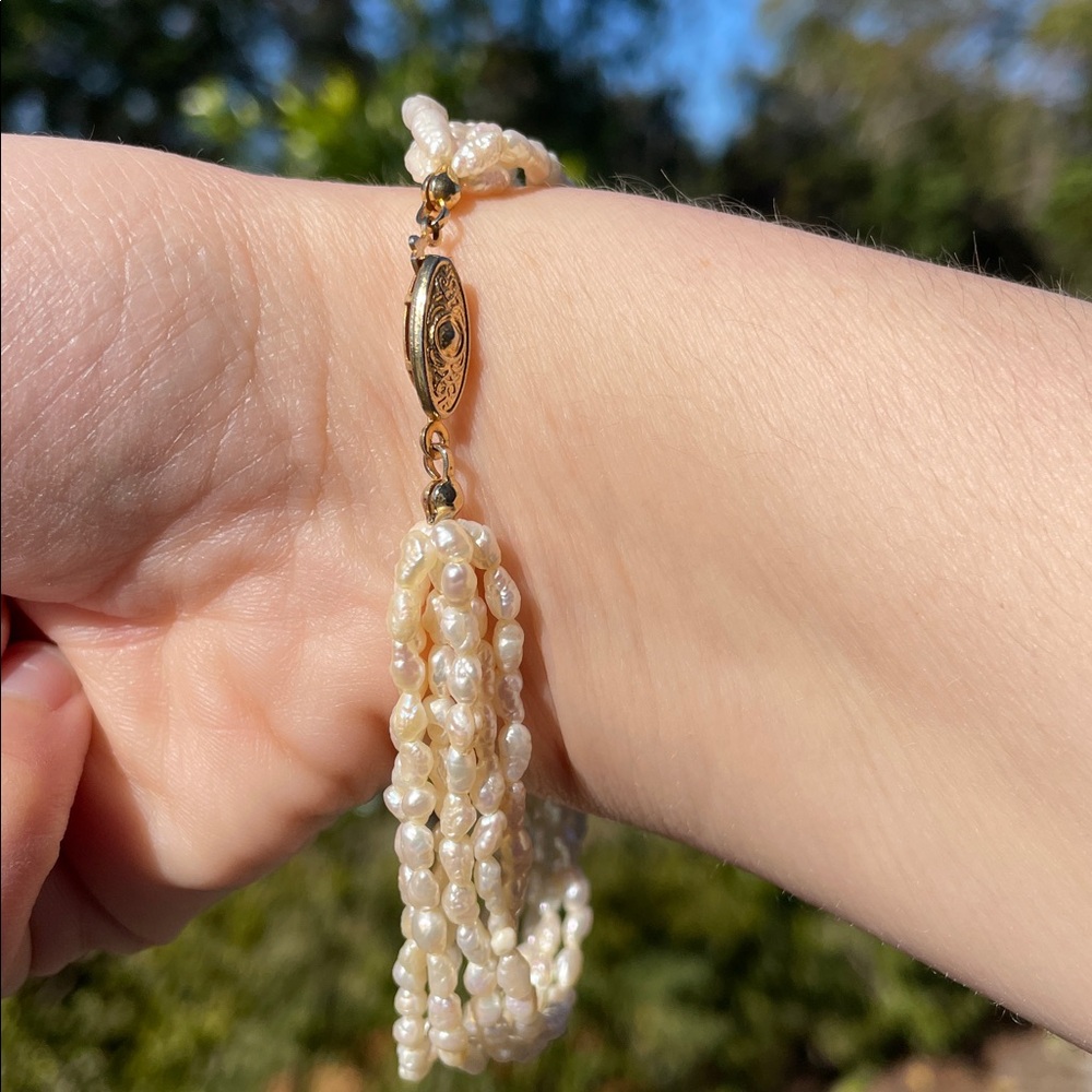 Six Strand Rice Pearl Fish Hook Clasp Bracelet - Picture 4 of 12